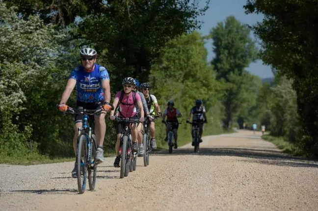 Kolesarjenje Ščuka-Skupina kolesarjev v polni opremi na makadamski poti, obdani z zelenimi drevesi, na kolesarski turi ob Cerkniškem jezeru.