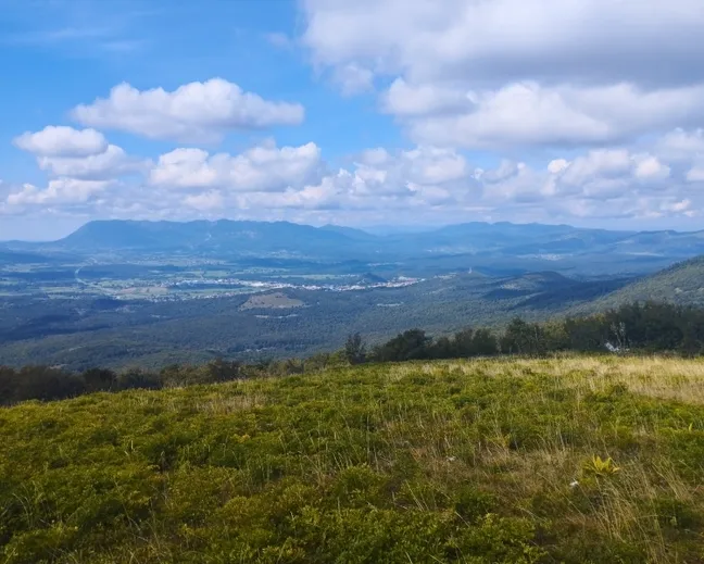 Razgled z Javorniške babe na Pivško kotlino, z zelenimi gozdovi in polji v dolini ter hribi v ozadju pod modrim nebom z belimi oblaki.