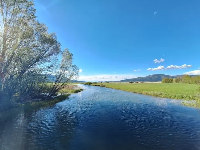 Mirna struga Stržen Cerkniškega jezera ob zelenih poljih in drevesih z razgledom na goro Slivnica in modro nebo, priljubljena točka za kolesarjenje in pohodništvo.