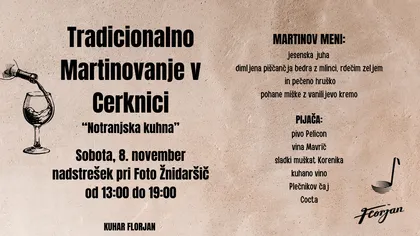 Plakat za tradicionalno martinovanje v Cerknici. Na bež podlagi je s črnimi črkami zapisan program, menu in lokacija ter skica vina, ki se iz steklenice zliva v kozarec.