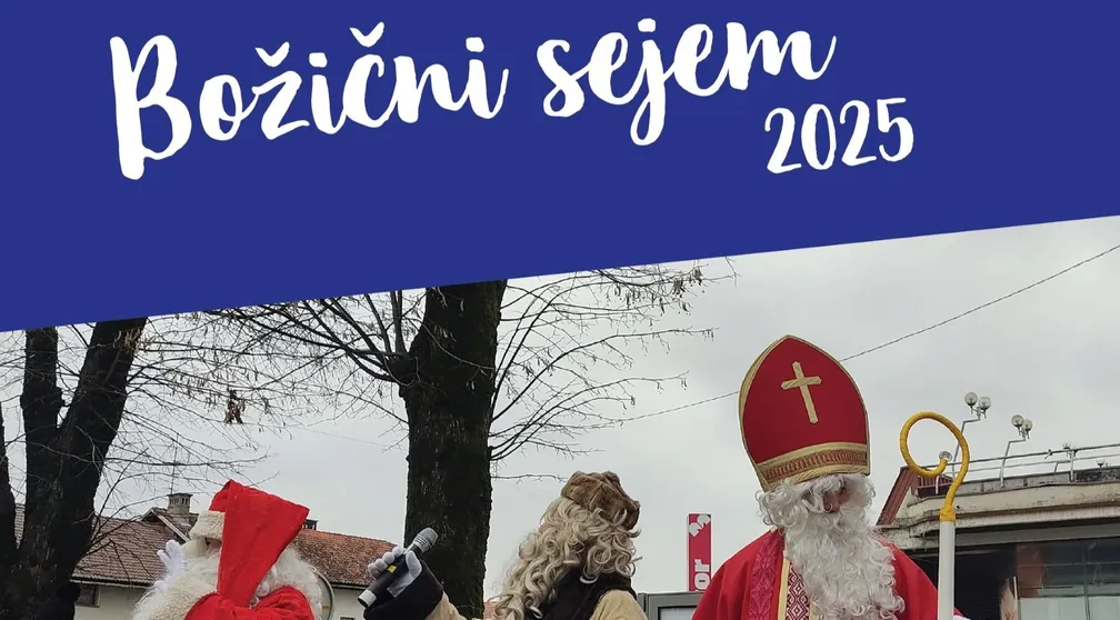 Poster for the Christmas Fair 2025 with text on a blue background. The photo shows three festively dressed characters: Saint Nicholas, Santa Claus and Grandfather Frost with a tree and buildings in the background.
