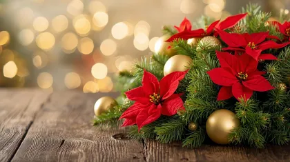 Adventni venec z rdečimi cvetovi in zlatimi bučkami na leseni podlagi, v ozadju se svetlikajo lučke.