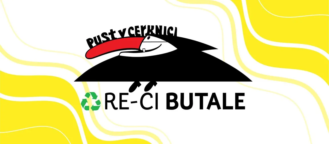 Grafična podoba za pustni dogodek v Cerknici z napisom 'Pust v Cerknici' in sloganom 'RE-CI BUTALE'. Na sliki je stiliziran lik z dolgo rdečo nosom, črnim klobukom ter zelenim reciklažnim simbolom na rumeno-beli ozadju z valovitimi črtami.