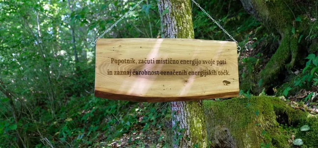 Wooden sign describing the mystical energy of the trail.