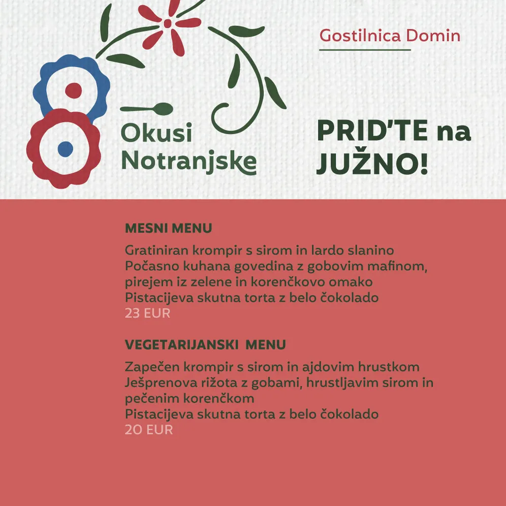 Zgibanka Okusi Notranjske z menujem gostilnice Domin.