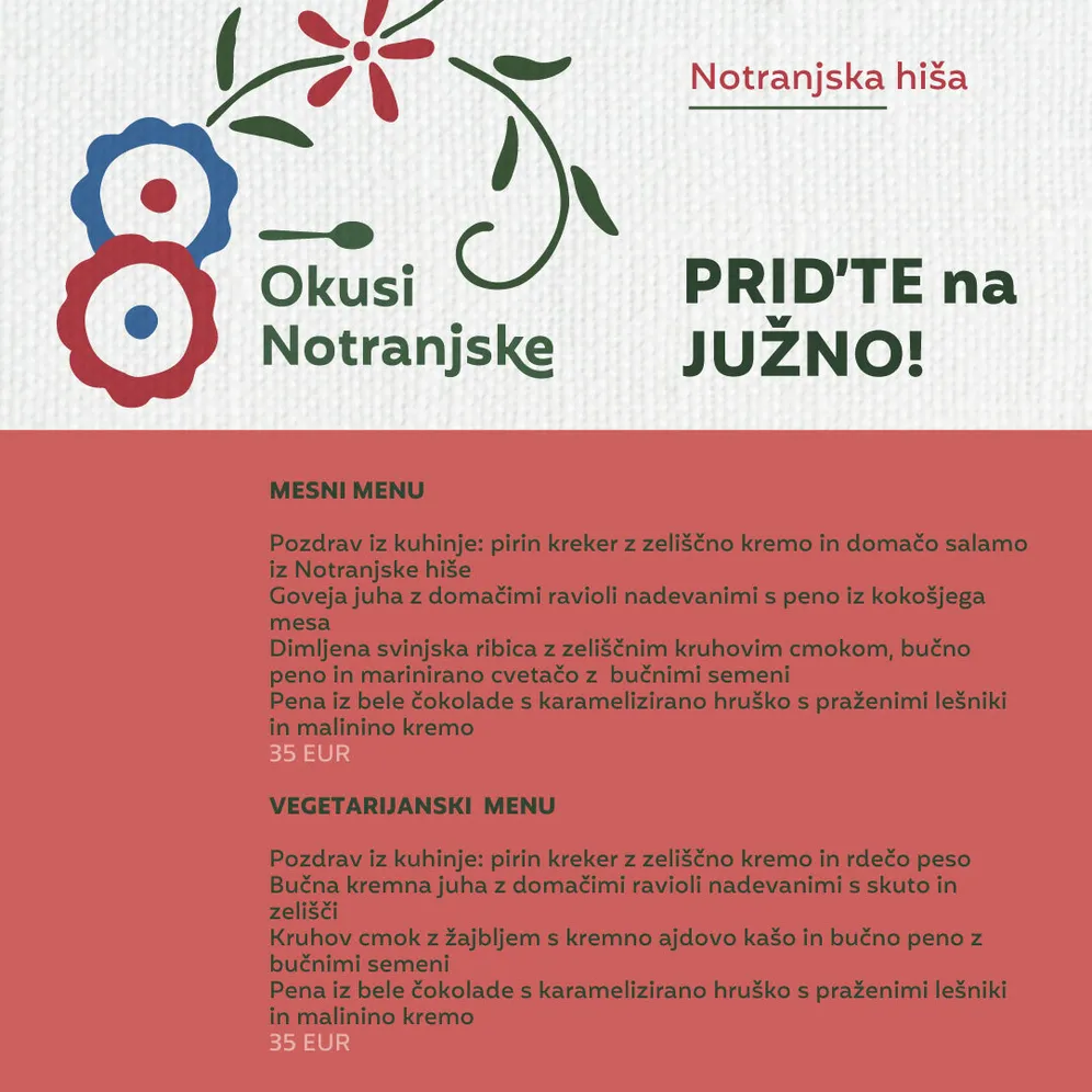 Zgibanka Okusi Notranjske z menujem Notranjske hiše iz Selščka.