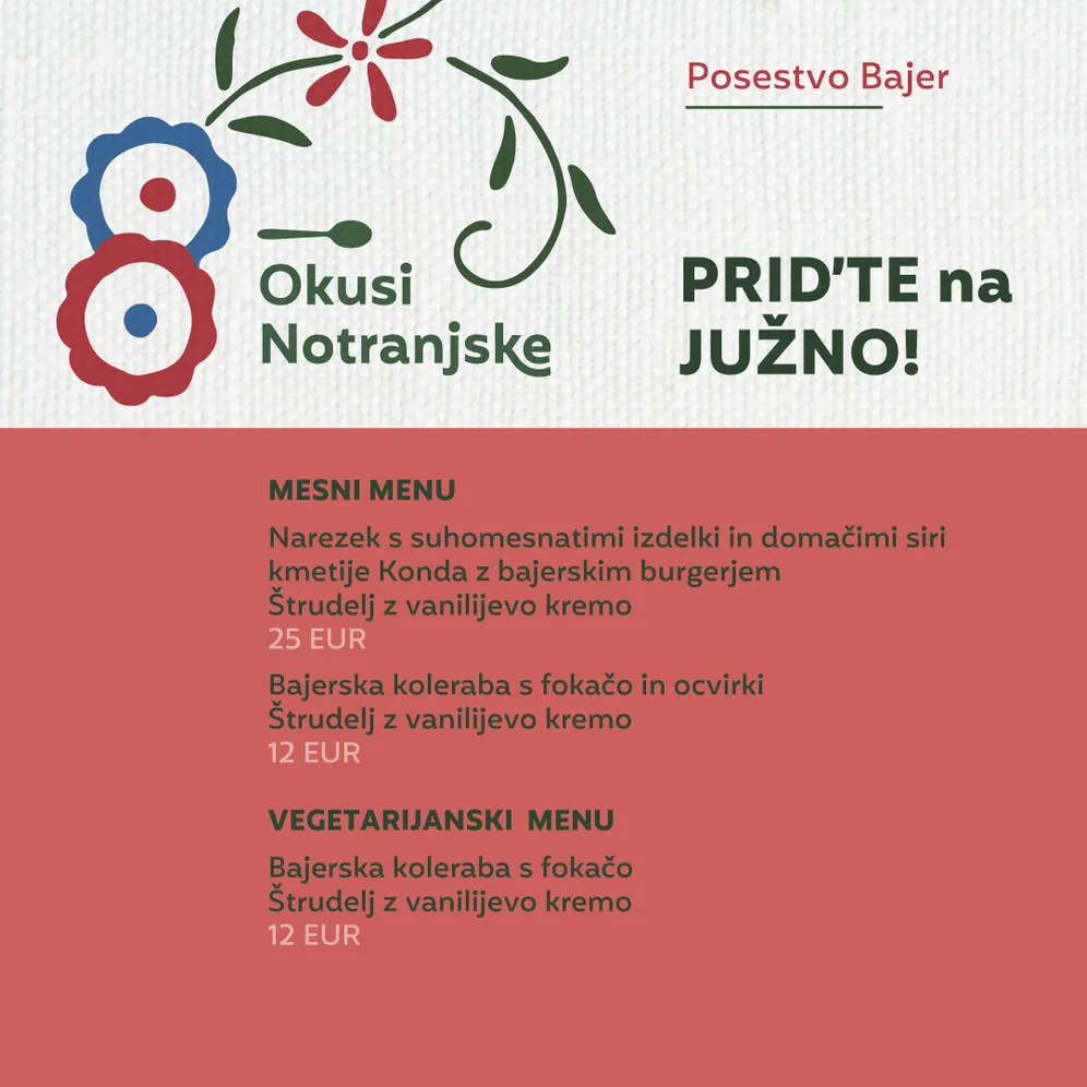 Zgibanka Okusi Notranjske z menujem posestva Bajer iz Viševka.