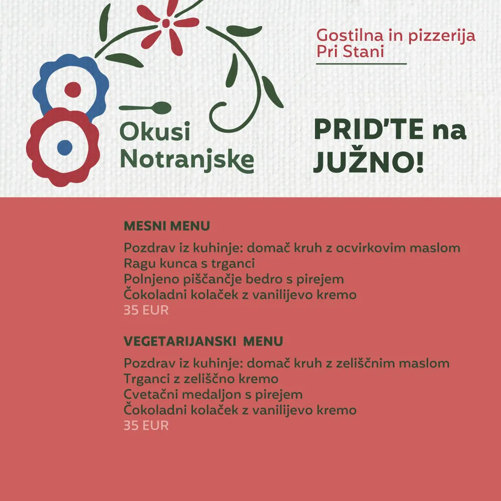 Zgibanka Okusi Notranjske z menujem gostilne in pizzerije Pri Stani iz Žerovnice.
