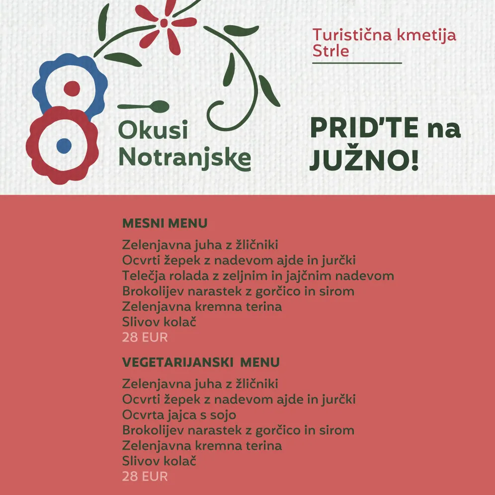 Zgibanka Okusi Notranjske z menujem turistične kmetije Strle iz Osredka.