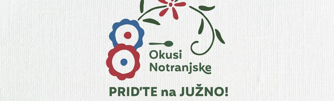 On a beige background is the logo for the culinary festival Taste Notranjska, featuring a red and blue flower with a green branch and a spoon above the text 'Okusi Notranjske'.