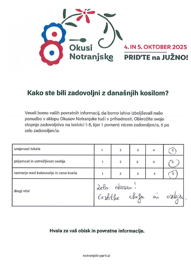 Survey for the Okusi Notranjske 2025 event with satisfaction questions and handwritten positive guest comments.