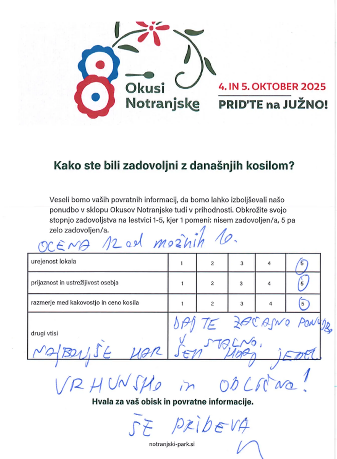 Survey for the Okusi Notranjske 2025 event with satisfaction questions and handwritten positive guest comments.