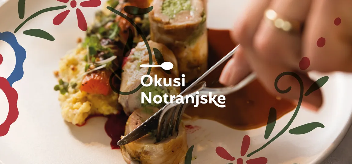 Logo for the culinary festival Okusi Notranjske (Taste Notranjska), the inscription in stylized white font, in the background a plate with local food and a fork and knife in hand. A floral pattern along the edge, part of the graphic image for the festival.