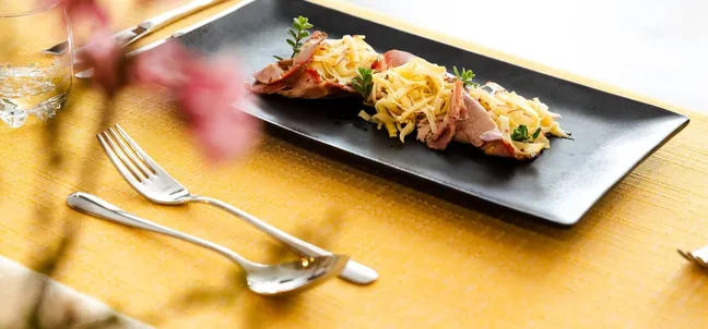 Kohlrabi and apple salad with aged veal served at Gostilna Pav.
