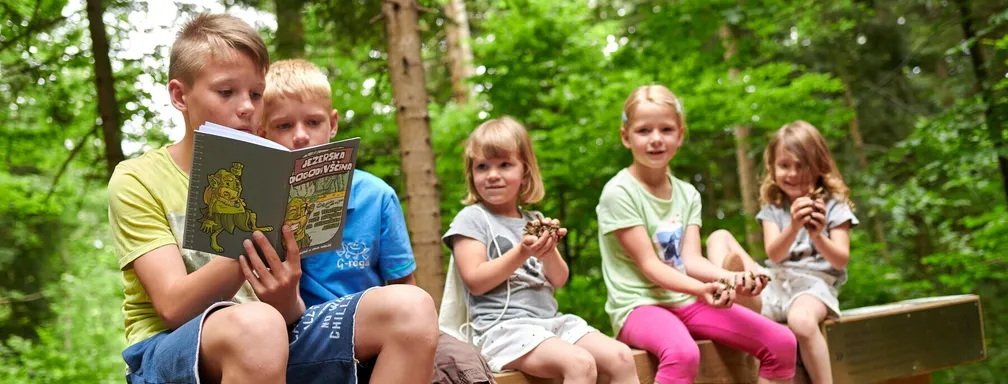 Children are sitting on benches in the forest, solving puzzles from Lakeside Adventure.