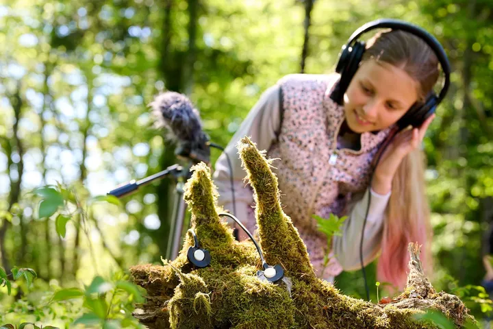 A girl is next to an old tree root covered in moss. Tiny microphones are placed on the root, and the girl is listening to the sounds of the moss with headphones. Another larger microphone is visible in the background.