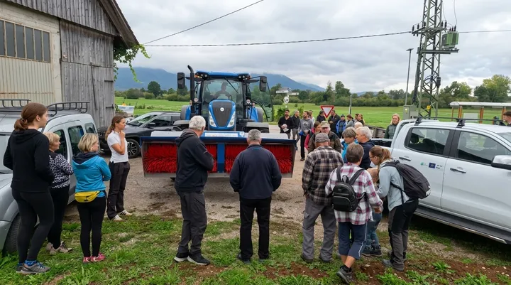 Udeleženci dogodka stojijo v krogu okoli traktorja z veliko sprednjo krtačo na dvorišču ob gospodarskem poslopju. Ob traktorju so parkirana osebna vozila, v ozadju pa so vidni travniki, drevesa, smerokazi in oblačno nebo. Skupina spremlja predstavitev delovnega priključka na traktorju.