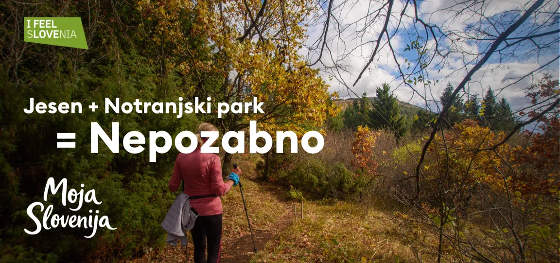 Pohodnica na jesensko obarvani gozdni poti v Notranjskem parku z napisom »Jesen + Notranjski park = Nepozabno« in logotipoma I feel Slovenia ter Moja Slovenija.
