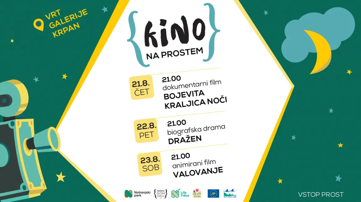 Plakat za dogodek 'Kino na prostem' v Vrtu Galerije Kranj z datumi in naslovi treh filmov: dokumentarni film 'Bojevita kraljica noči' (21. avgust), biografska drama 'Dražen' (22. avgust) in animirani film 'Valovanje' (23. avgust); vsi filmi ob 21:00, vstop prost.