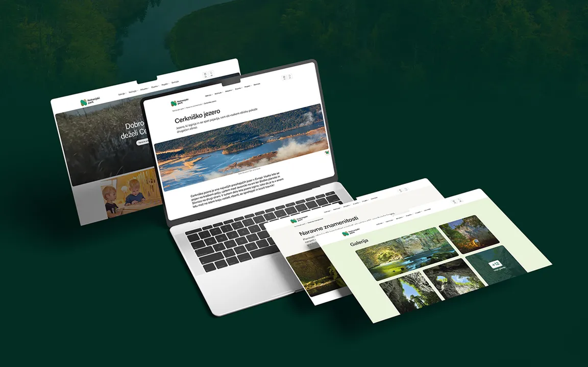 Prikaz več zaslonskih maket spletnega mesta na prenosniku in lebdečih oknih, postavljenih na temno zeleno ozadje.