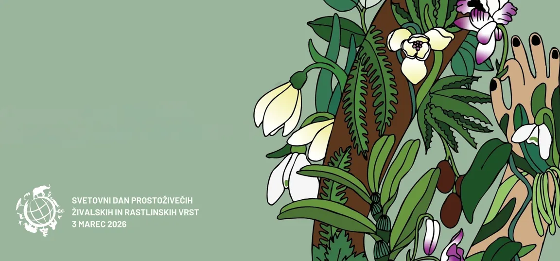 Ilustracija roke, ki objema deblo drevesa, obdano z različnimi zelenimi listi in cvetovi, kot so zvončki in drugi gozdni cvetovi, na svetlo zeleni podlagi. Levo spodaj je logotip Svetovnega dne prostoživečih živali 2024 in besedilo dogodka.