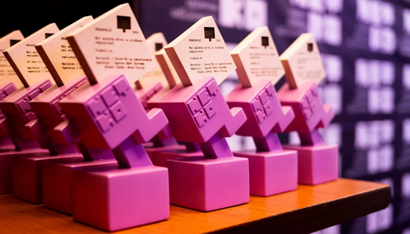 Vrsta nagrad NETKO na mizi, pripravljena za podelitev na dogodku v Ljubljani.