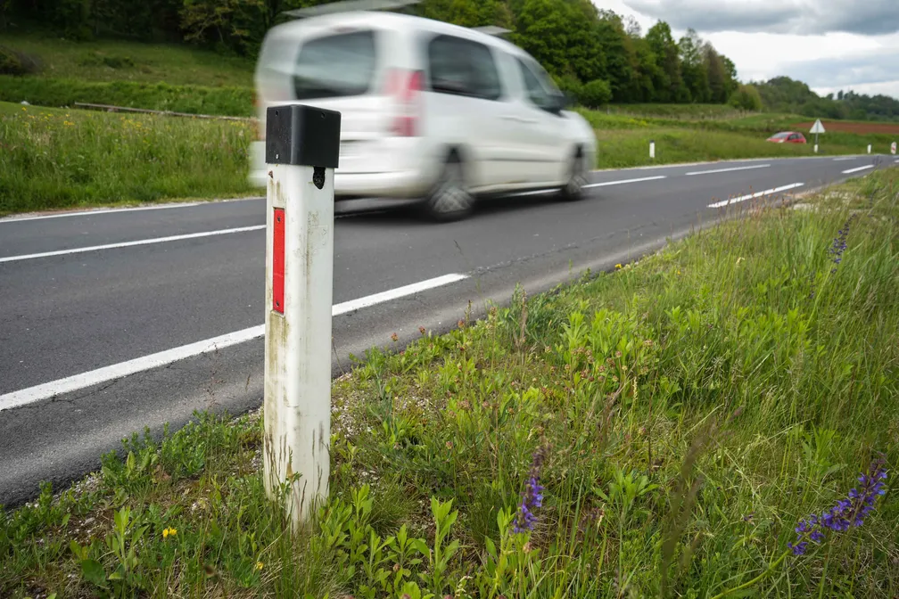 A white road stake at the edge of an asphalt road, a blurred white car in motion in the background, a grassy area with a few purple flowers along the road, a forest and a cloudy sky in the distance.