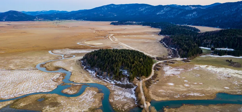 Panoramski pogled na prazno Cerkniško jezero z vijugastim vodotokom Stržen, osrednjim gozdnatim otokom Goričica in okoliškimi hribi v ozadju.