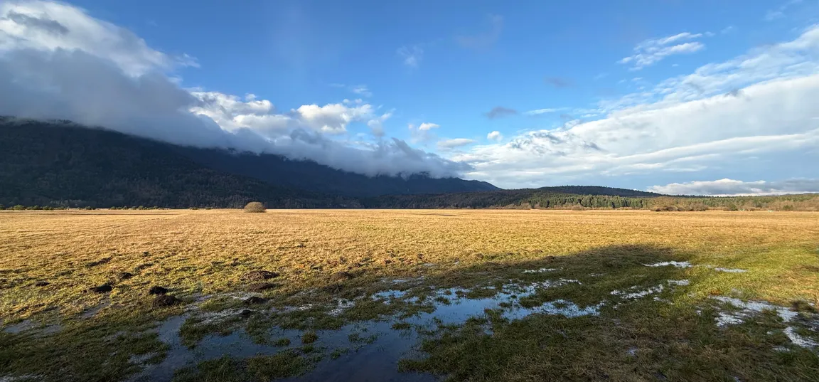 Širok močvirni travnik s plitvimi lužami v ospredju, pod modrim nebom s prehodom med sončnim in oblačnim vremenom; v ozadju se dviga z gozdom poraščeno hribovje, delno zavito v nizke oblake.