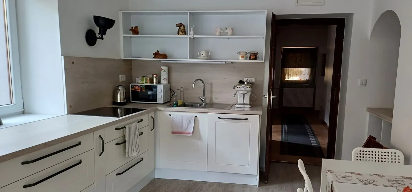 Layka flat-Kuhinja z belimi omaricami, električnim štedilnikom, pomivalnim koritom in gospodinjskimi aparati – svetel in funkcionalen prostor z odprtimi policami in dekoracijo. Na drugi strani miza z dvema stoloma v beli barvi.