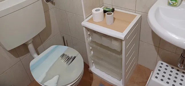 Layka flat-Majhna kopalnica s straniščem z okrasnim pokrovom z morskim motivom, belim omaricam z več predali in umivalnikom.