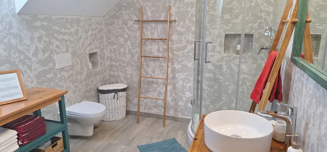 Matejin apartma-Moderna kopalnica s stekleno prho, lesenim umivalnikom z nadpultnim koritom, straniščem in dekorativno lestevjo za brisače.