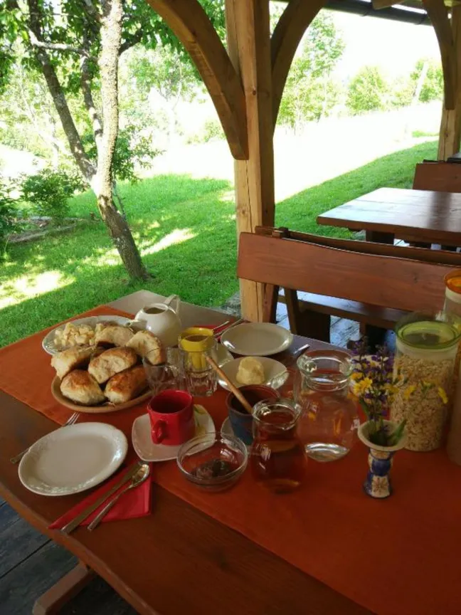 Breakfast with homemade pastries and honey on the terrace at Tourist farm Strle.