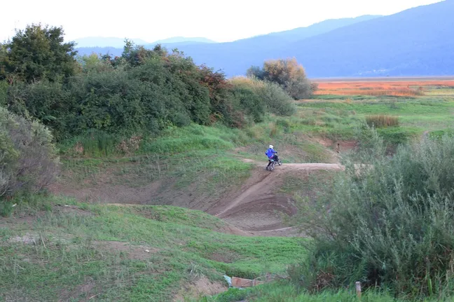 A person on a cross-country bike rides along a narrow muddy trail between green bushes and meadows at the bottom of Lake Cerknica, with mountains stretching out in the background.