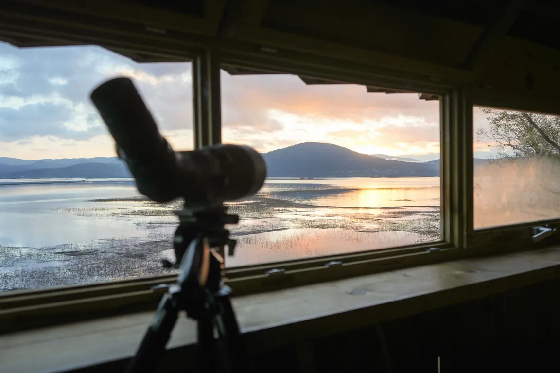 Spektiv v opazovalnici za opazovanje ptic. V ozadju vidimo Cerkniško jezero in Slivnico