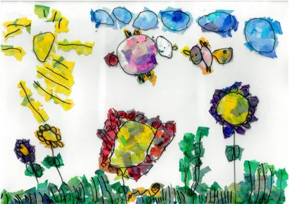 A child’s drawing of a sunny day, with a yellow sun in the top left corner, blue clouds, two colorful butterflies in the center, and multicolored flowers with green stems at the bottom. A cheerful and vibrant depiction of nature.
