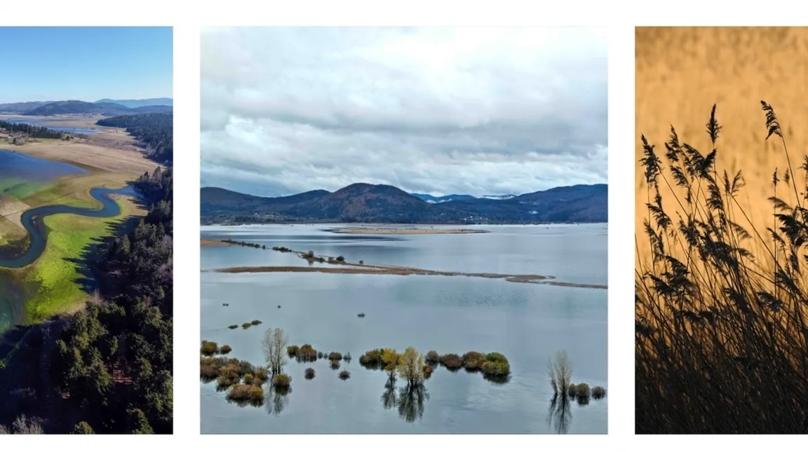 Triptih treh fotografij: leva prikazuje vijugasto reko v zeleni pokrajini z drevesi in hribi v ozadju; srednja prikazuje veliko vodno površino z otočki in gorami pod oblačnim nebom; desna prikazuje silhuete visokih trav ali trstičja ob oranžnem ozadju sončnega vzhoda ali zahoda.