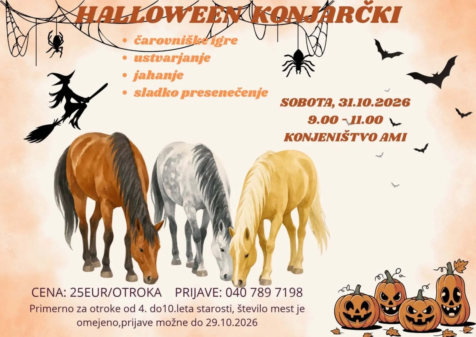 Letak dogodka Halloween Konjarčki z ilustracijami konj, čarovnice, netopirjev in buč ter programom dogodka, ki bo 31. oktobra 2026 v Konjeništvu AMI.