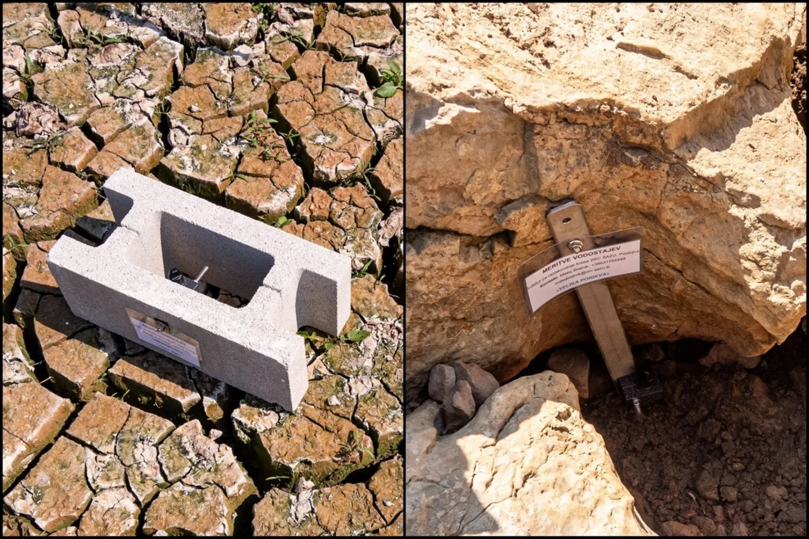 Na levi strani slike je betonski blok z vgrajenim kovinskim vijakom in merilno ploščico, ki leži na razpokanih, suhih tleh. Na desni strani slike je kovinski merilni zatič pritrjen v razpokana tla, ob njem je bela tabla z napisom 'MERITVE VODOSTAJEV'. Obe napravi sta del sistema za spremljanje vodostaja in temperature vode.