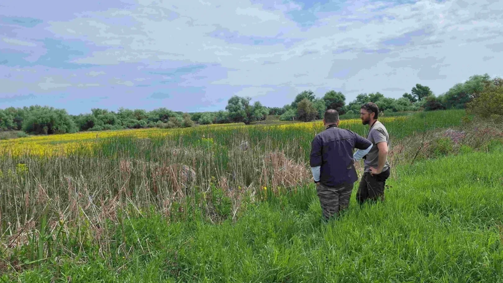 Dve osebi stojita na travniku ob mokrišču, v ozadju drevesa in grmovje pod delno oblačnim nebom.
