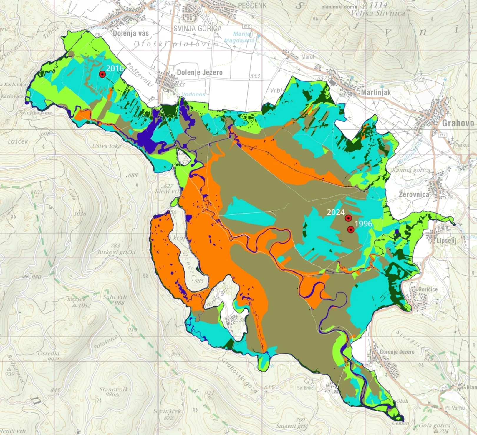 Tematski zemljevid območja Cerkniškega jezera z večbarvnimi označenimi površinami, ki prikazujejo različne kategorije habitatnih tipov na geografski podlagi.
