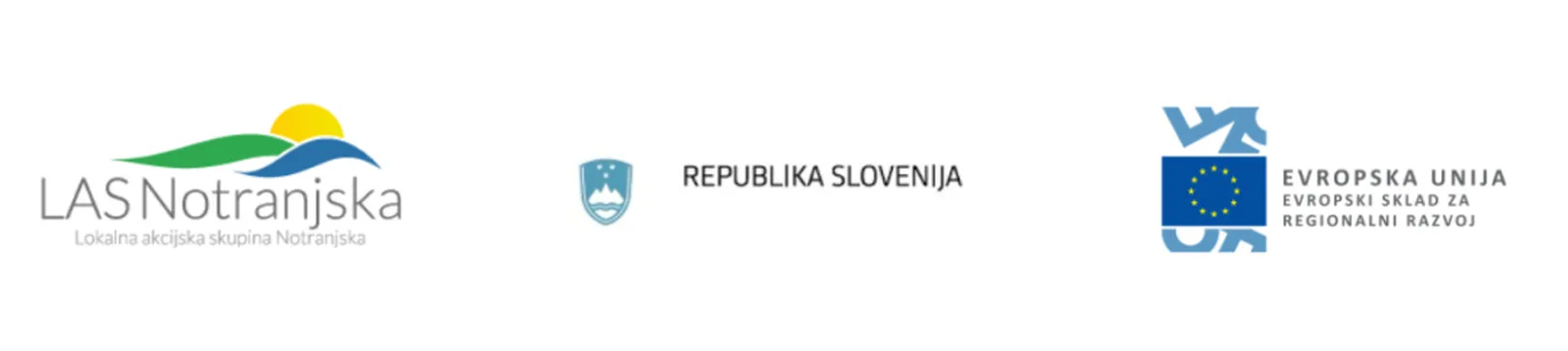 Trije logotipi v vrsti: levo logotip LAS Notranjska z barvno stilizirano pokrajino; na sredini grb Republike Slovenije z napisom ‘Republika Slovenija’; desno logotip Evropske unije – Evropski sklad za regionalni razvoj z zastavo EU in spremnim besedilom.